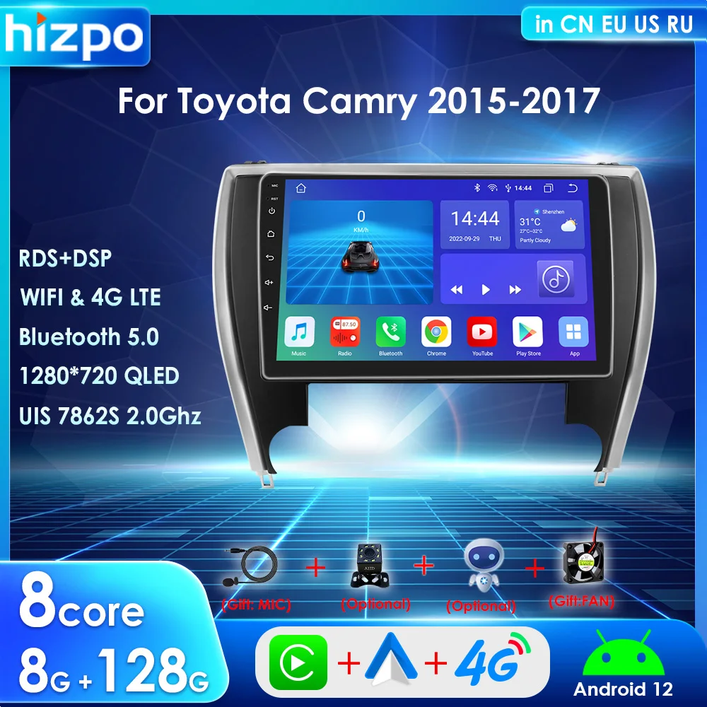 Hizpo Car Radio 2 Din Android 12 CarPlay for Toyota Camry 2015-2017 North America Autoradio Multimedia Player GPS BT SWC RDS DSP