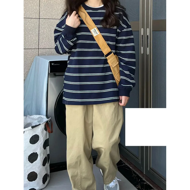 초가을 롱 Sve 여성용 티셔츠 얇은 루즈 베이스 레이어 이너웨어 스트라이프 스웨트 셔츠 편안한 합성 섬유