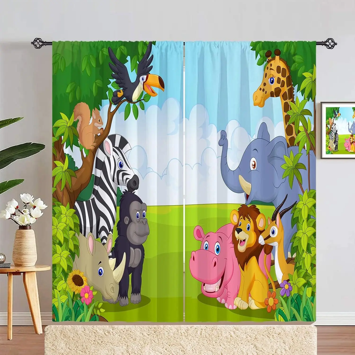 Rod Pocket Kids Animal Jungle Safari Wildlife Elephant Giraffe Lion Print Pattern Privacy Fabric Window Drapes for Boys Bedroom