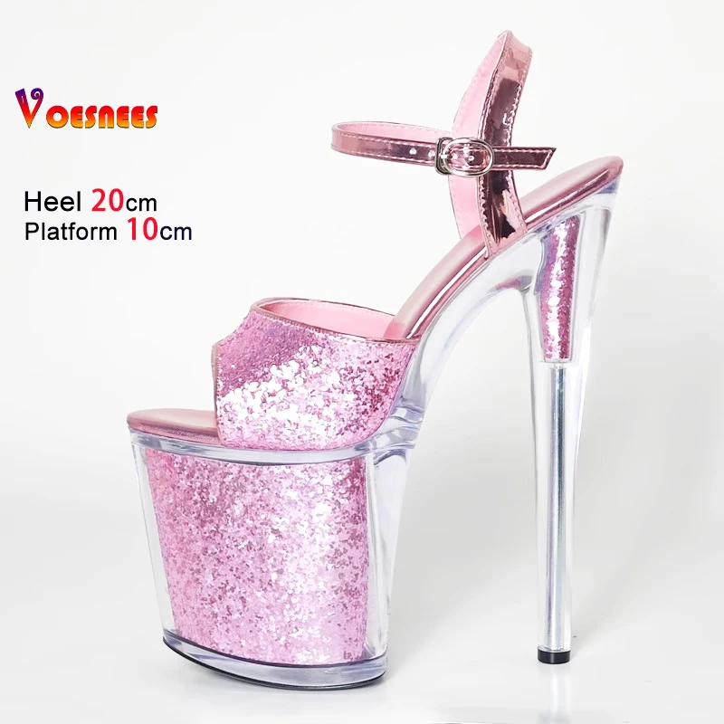 

20CM Stiletto Shimmer Pink Glitter Sequin Sandals Women Clear Platform Summer Sexy Pole Dance Shoes New Runway High Heel Sandals