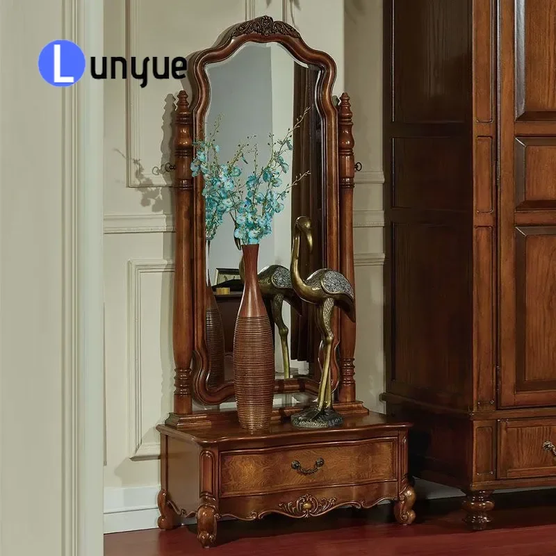 European Solid Wood Full Body Floor Mirror American Style Dressing Mirror for Bedroom Fitting Room Home Decor Elegant Design