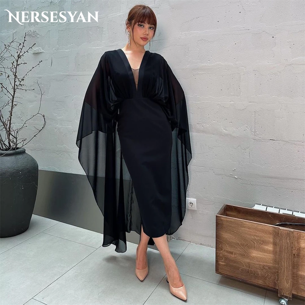 Nersesyan Elegant Black Formal Evening Dresses Angel Sleeves A-Line Tea Length Prom Dress V-Neck  فساتين السهرة  Party Gowns