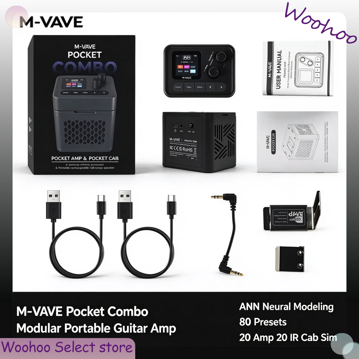 M-VAVE Pocket Combo Modular Portable Guitar Amp Speaker System ANN Neural Network Modeling 80 Presets 20 Amp 20 IR Cab Sims Use