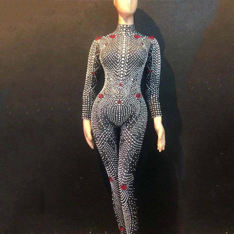 Perle piene Strass Tuta elasticizzata Bar Discoteca Dj Ds Stage Gogo Costumi Donna Pole Dance Wear Abiti rave XS5516