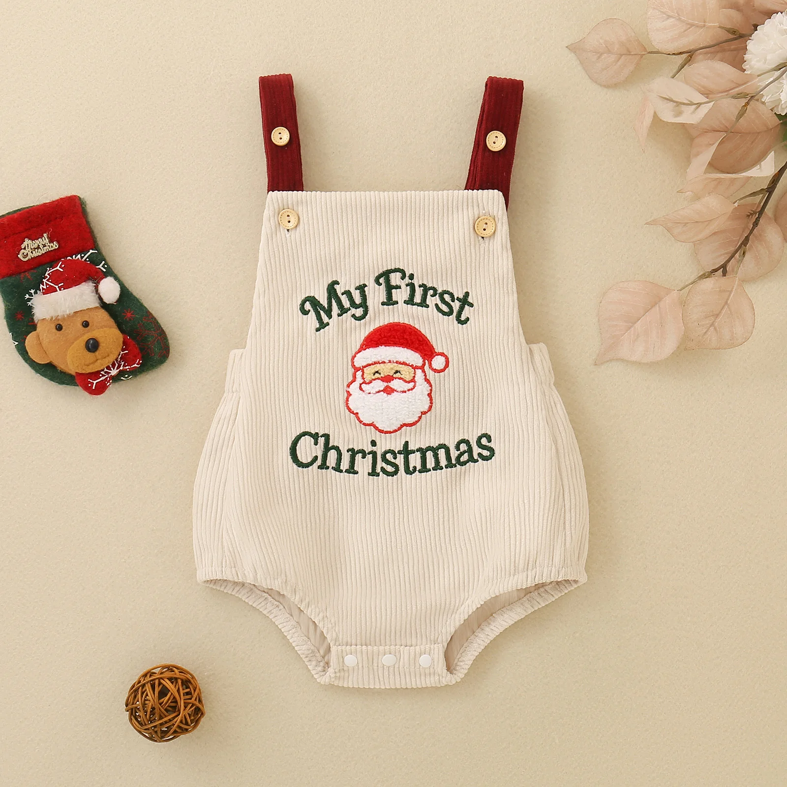 Newborn Baby My First Christmas Suspender Bodysuit Corduroy Santa Claus Embroidery Infant Sleeveless Holiday Romper Outfit