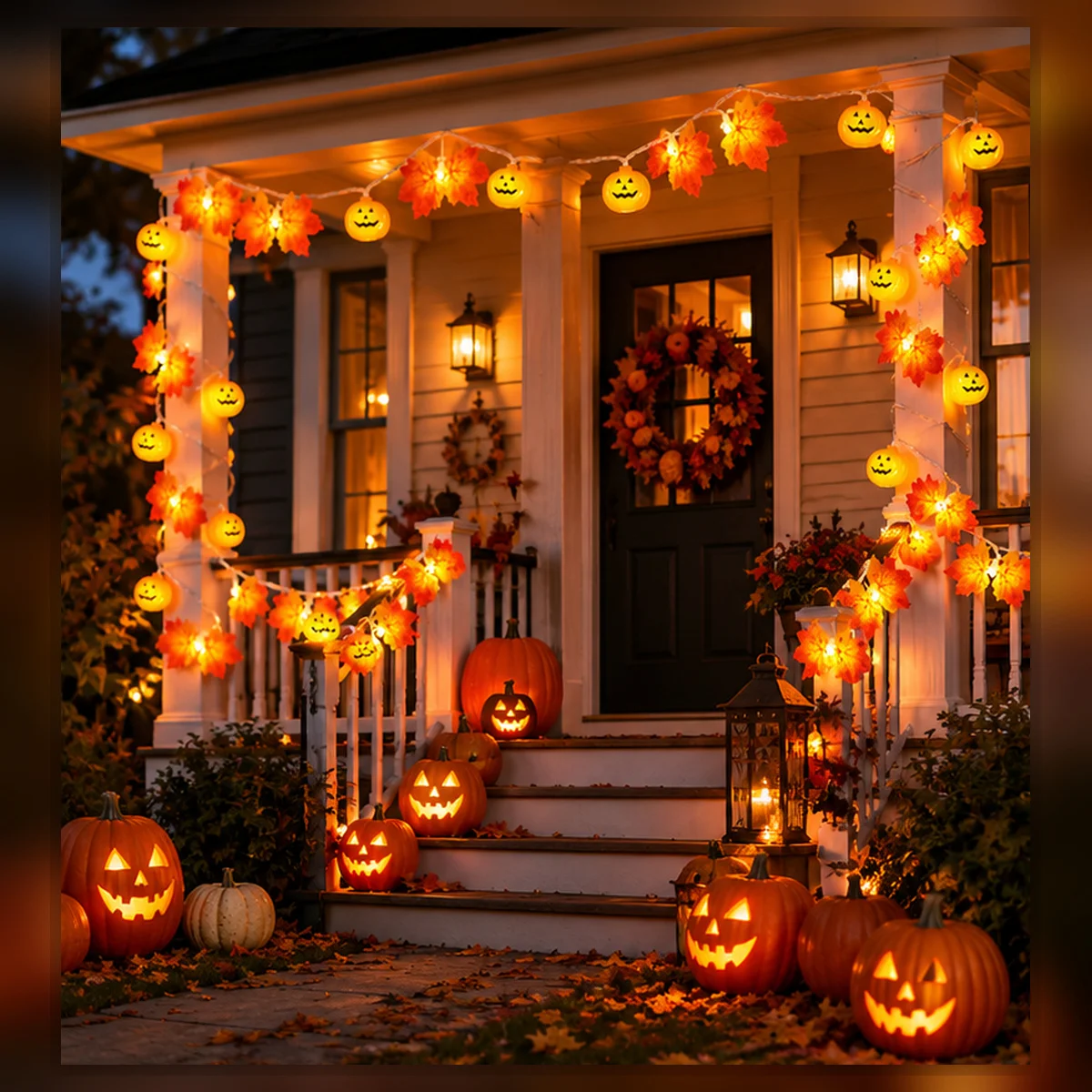 1pc Halloween Pumpkin Maple Leaf LED String Lights Warm White Battery Powered Fall Fairy Lights For Stair Railing Window Decor