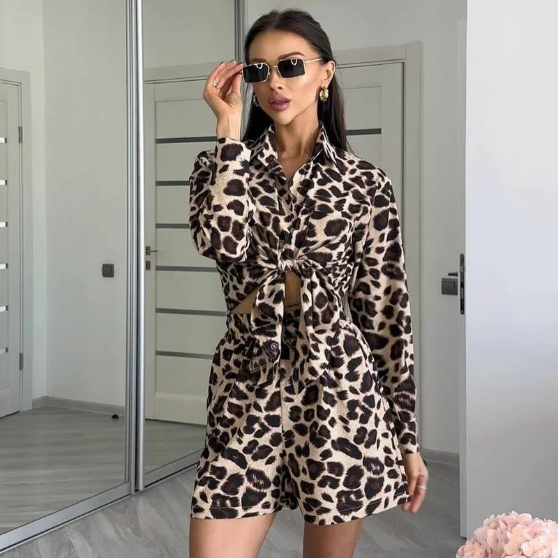 

Two Piece Outfits for Women Summer Sexy Long Sleeve Button Down Oversized Shirts And Shorts Leopard Blouses Tops Tracksuit Sets