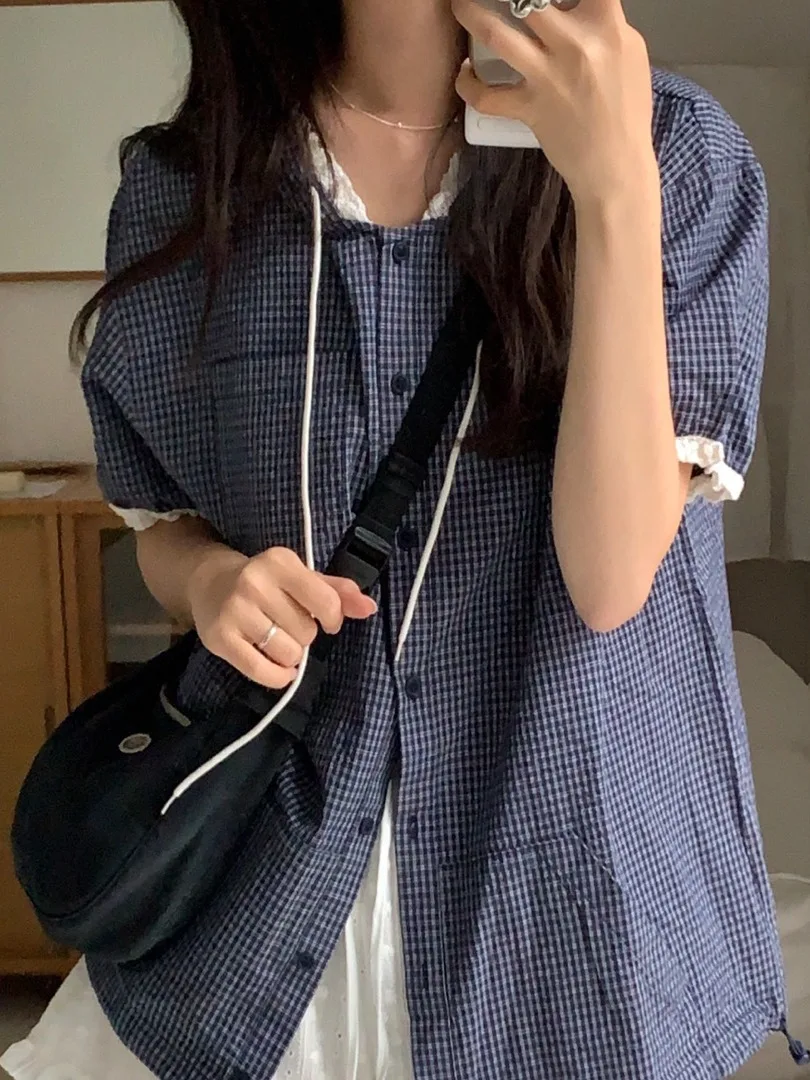 Chic ort Sve manteau femme Plaid jeune à capuche bouton unique polyvalent haut tendance trajet Sle coupe ample longueur régulière