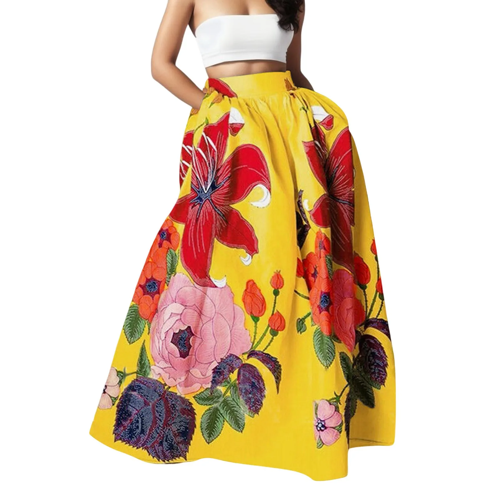 Long Skirts for Women Summer Gold Tummy Control Printed Maxi Skirts for Women Floral Faldas Abiti Estivi Donna 2023