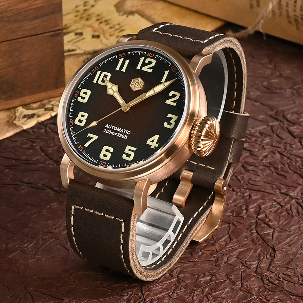 Imagem -03 - San Martin-relógio Pilot Bronze Clássico Masculino Mecânico Automático Vintage Militar Estilo Simples Safira Impermeável Yn55a Cusn8 10bar 45 mm