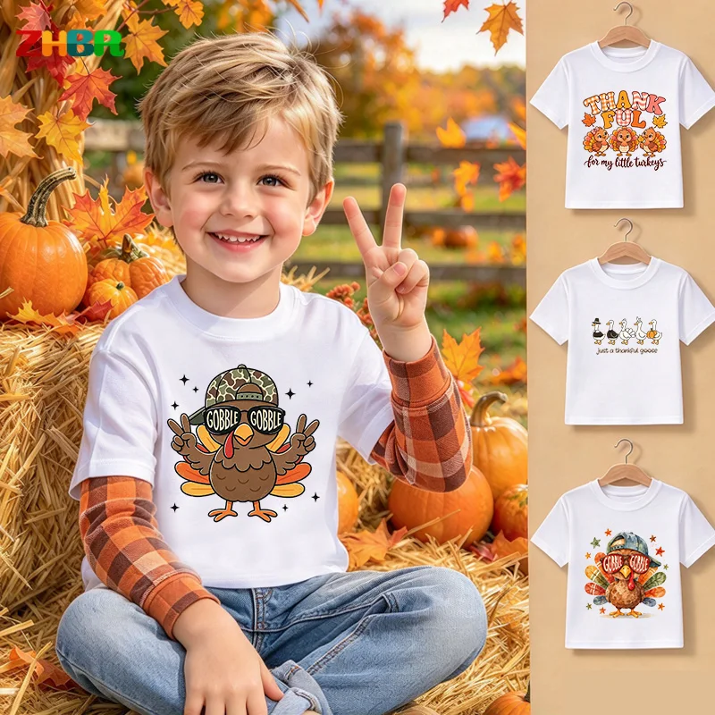 Kids Thanksgiving T-shirt Cartoon Turkey GobbleTee Boys Girls tshirt Fall Autumn Holiday Tops Toddler Casual White shirts goose