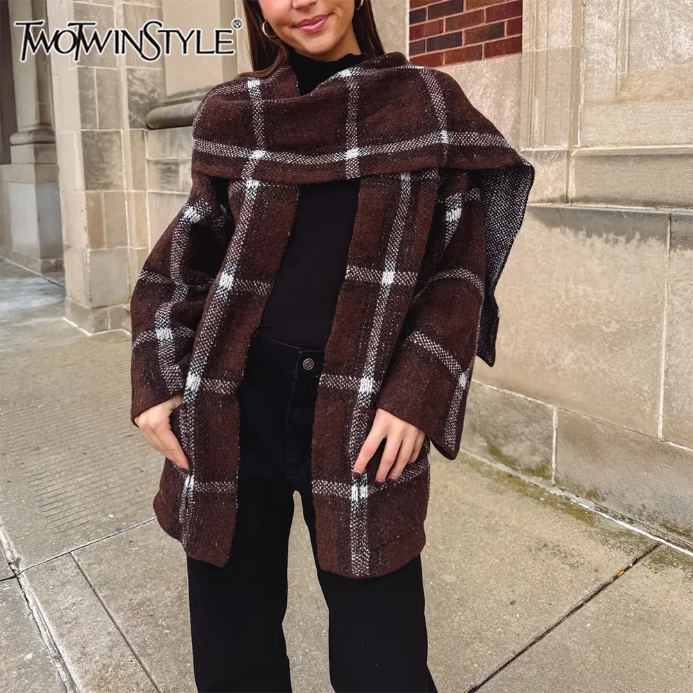 

TWOTWINSTYLE Chic Vintage Plaid Oversized Coat Female Deep V Neck Long Sleeve Pockets Design Coats with Scarf for Office Commute
