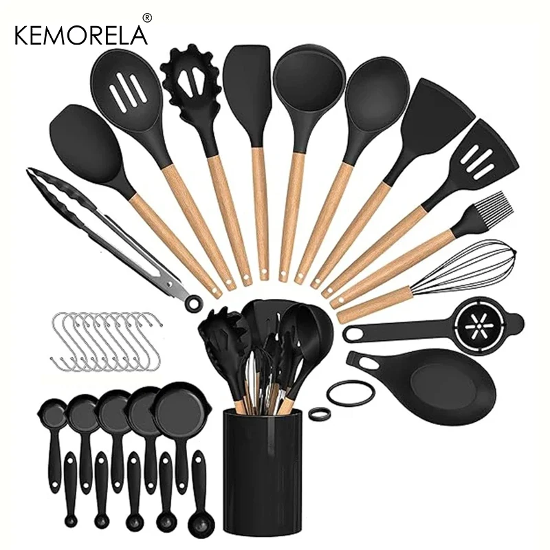 34Pcs/Set Wooden Handle Silicone Kitchen Utensils With Storage Bucket High Temperature Resistant And Non Stick Pot Spatula Spoon