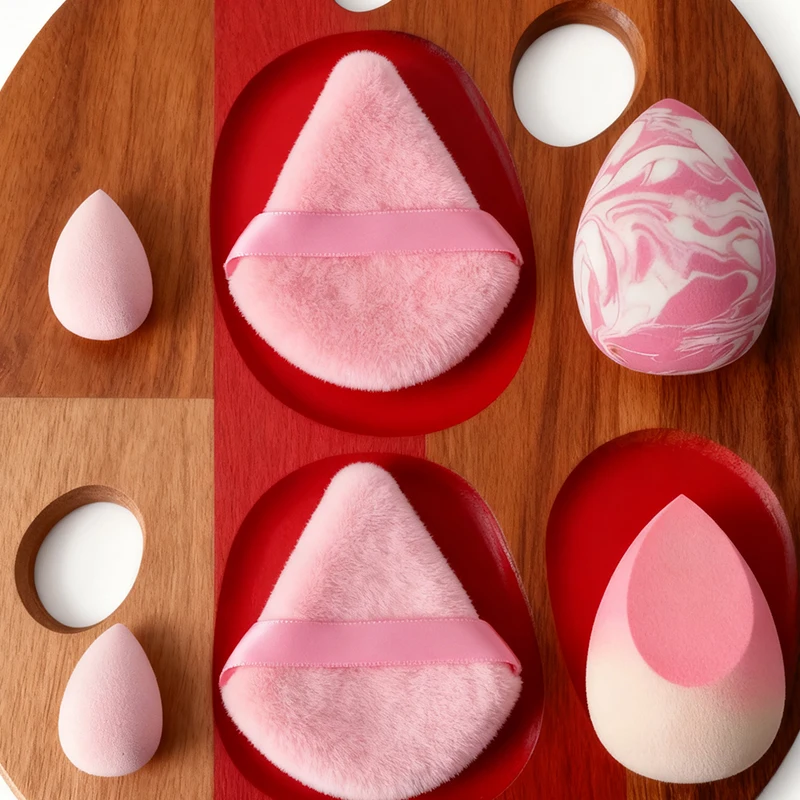 6Pcs Pink Gradient Makeup Blender Set: Small Droplets, Triangles, Large Blender & One-Cut Sponge for Flawless Finish