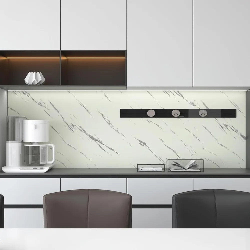 ورق اتصال رخامي قابل للتقشير واللصق لطاولات المطبخ: 393.7 × 48 بوصة، مظهر جرانيت ناعم باللون الأبيض العاجي