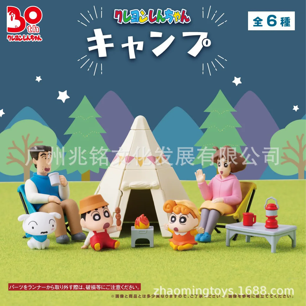 New 6pcs/set Anime Crayon Shin-chan Q Version Camping tent scene Action Figure PVC Mini Model Statue Toys Doll Rement Gifts