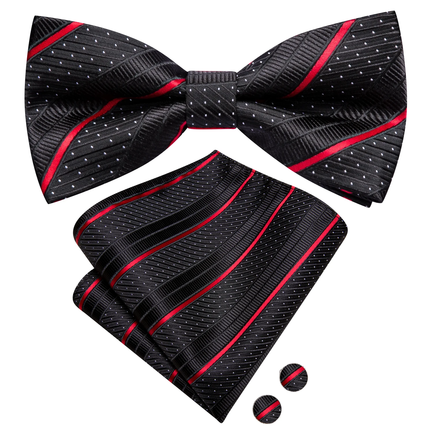 

Hi-Tie Black Red Striped Men Bow Tie Hankerchief Cufflink Pre-tied Silk Butterfly Knot Bowtie for Male Business Party Wholesale