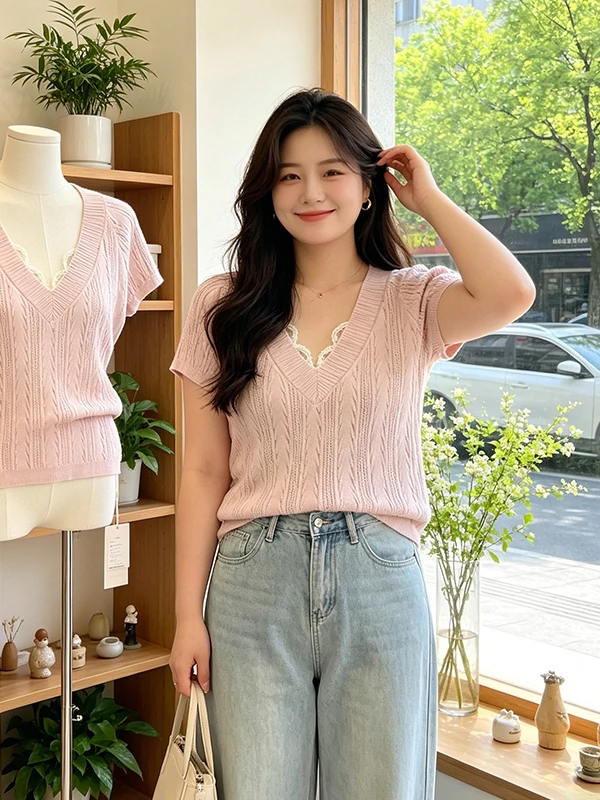 

plus Size Pink Lace Trim V-Neck Short Sleeve Knitwear Women's Slimming Top Korean Style Comfortable Soft Knitted Summer New A...