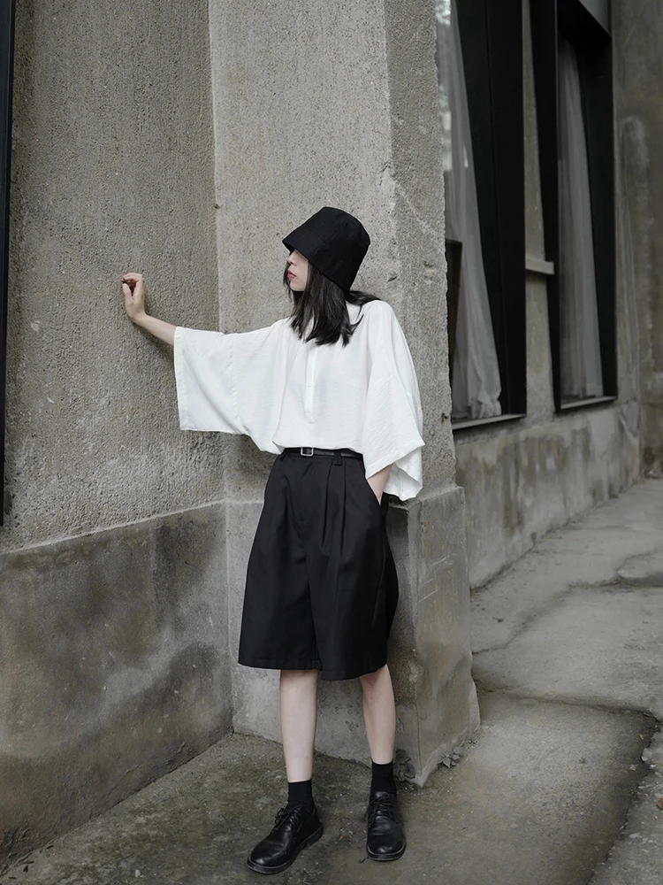 

Short Sleeve Shirt Women's Stand Collar Large Cuff Style Dark Series Mountain Style Artistic Fashion Breathable Poly...
