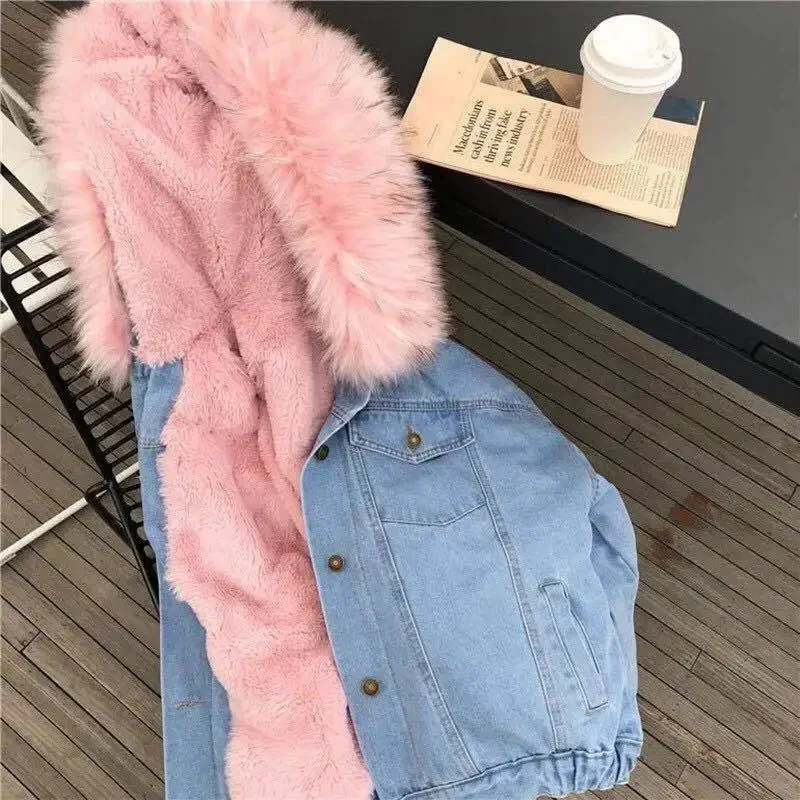 Korean Style Fleece Lined Thickened Hooded Lamb Fur Denim Jacket Women's Large Collar Versatile Cotton Coat Autumn Winter New Ar
