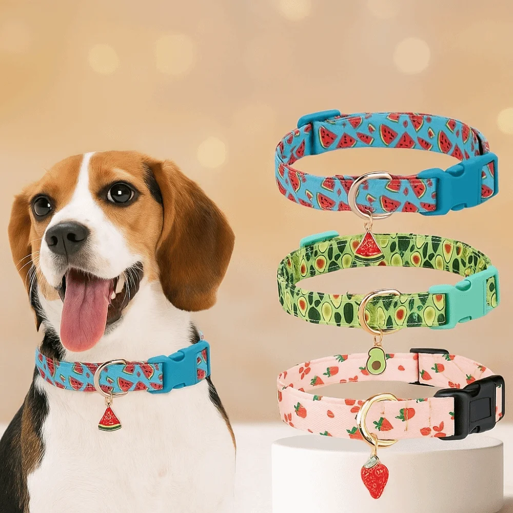 Kalung Anjing Motif Buah Stroberi, Dapat Disesuaikan, Lembut, Bahan Poliester, Nyaman, Untuk Anjing Kecil