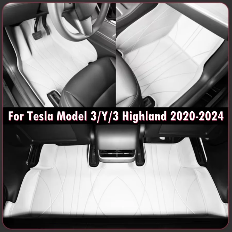 Fully Sorrounded PU Leather Floor Mats for Tesla Model Y Model 3 2020-2024 M3 Highland Double Layer Car Floor Liners With Carpet