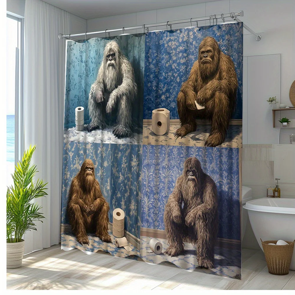 

1 шт. Забавная занавеска для душа Bigfoot с 4 панелями и юмористическими сценми — прочная полиэфирная ткань, можно стирать в машине, включает 12 крючков,