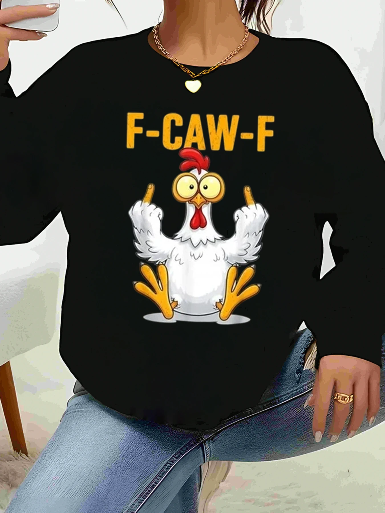 

F Caw F Куриный принт Топ с длинными рукавами Хэллоуин Повседневная одежда Женская толстовка