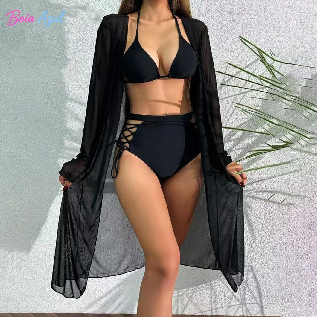 

Black neck-neck triangle cup one-piece swimsuit drawstring strap three-piece swimsuit sexy beach halter top swimsuit
