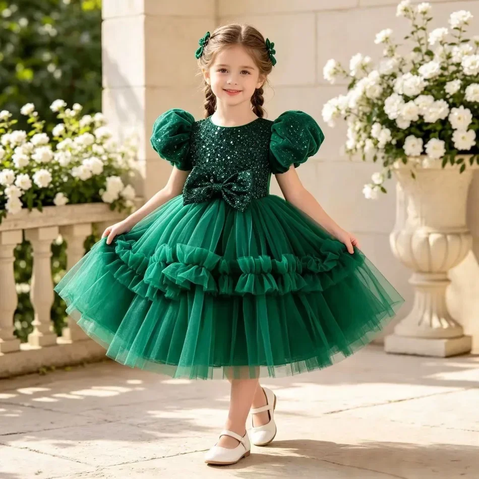 Girls Green Sequin Princess Dress Puff Sleeve Big Bow Layered Ruffle Tulle Cake Gown Kids Girl Banquet Party Evening Dress ZD36