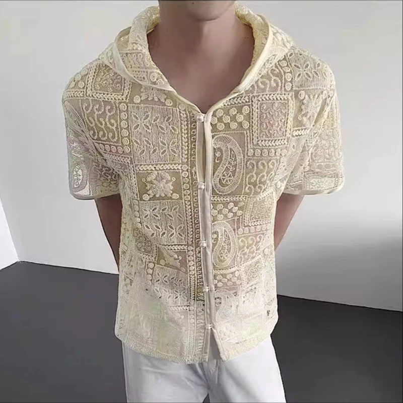 INCERUN, camisa para hombre de encaje transparente con capucha, manga corta, botón, ropa para hombre, ropa informal suelta Sexy, camisas informales de moda para hombre 2025