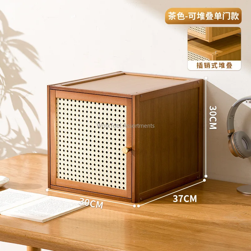 Bamboo‑Wood Grid‑Style Stackable Low Storage Cabinet, Bay Window Bedside Cabinet for Floor Placement Bedroom Household