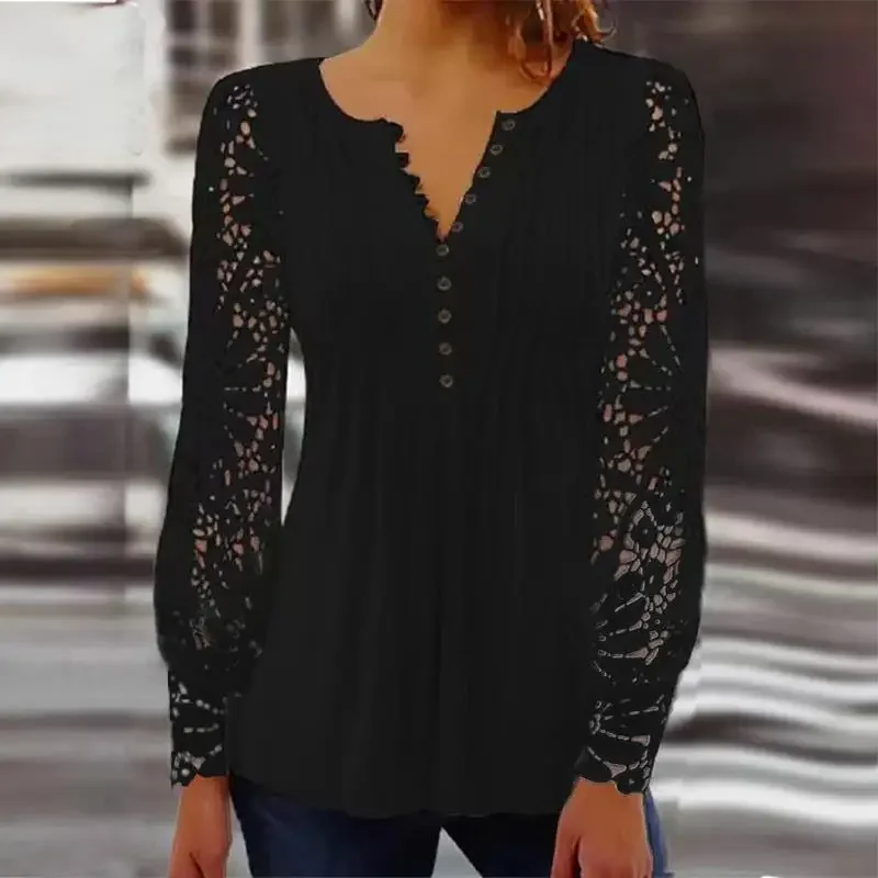 Lace Long Sleeve Pleated Blouse Women Sexy V Neck Hollow Out Button T Shirts Lady Spring Autumn Clothes Tops