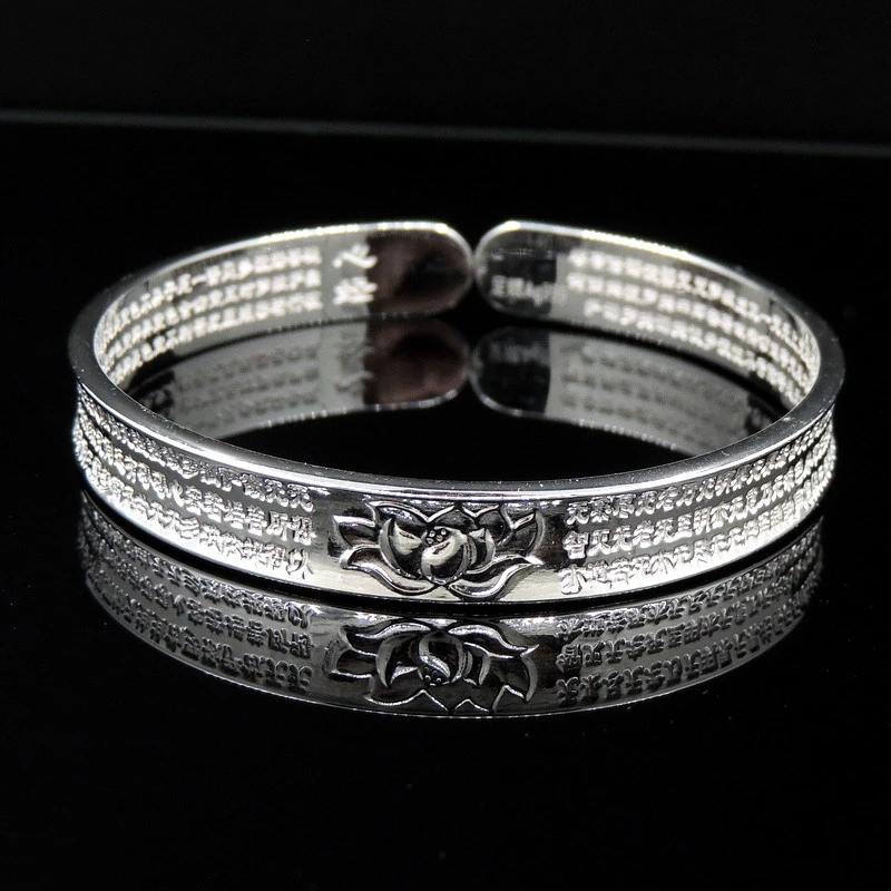 Vintage Heart Sutra Lotus Silver Bangle Ladies S999 Solid Open Cuff Bracelet Lucky Peace Amulet Fine Jewelry Gift For Mom Elderl