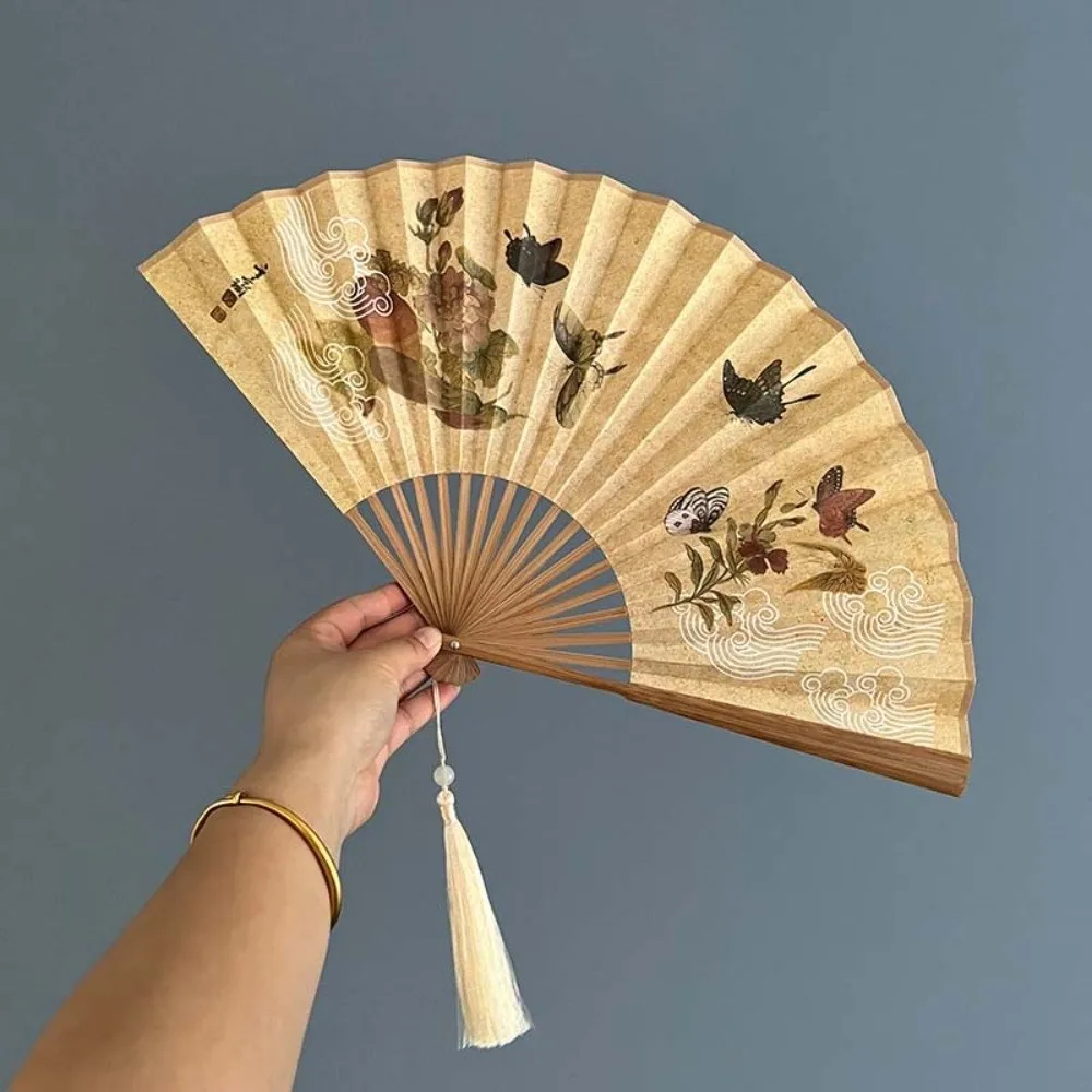 Silk Cloth Folding Hand Fan Bamboo Frame Butterfly Cat Retro Handheld Fan Shell-Shaped Double Sided Chinese-Style Shell Fan