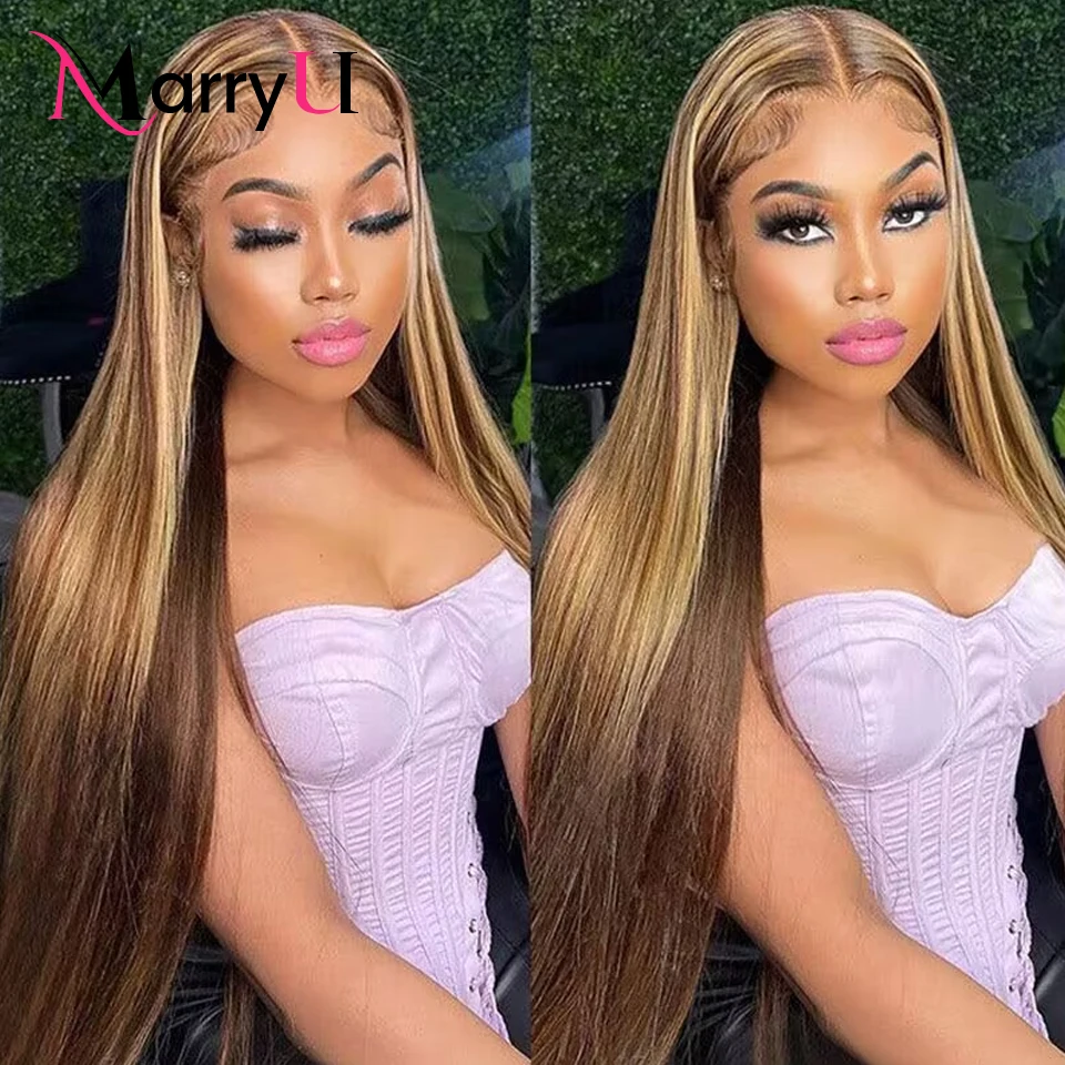 

MARRYU Hair 4/27 Honey Blonde Highlights Lace Front Wigs Wear And Go 6x4 Straight Glueless PrePlucked Human Wigs Ready To Go