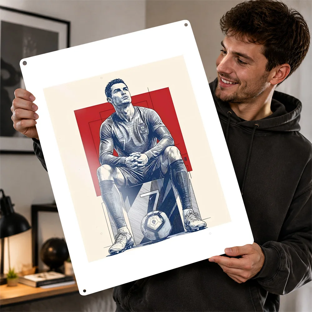 Cristiano Ronaldo Sitting With Soccer Ball Poster Retro 3D Printed Metal Signs Customized Wall Hanging Gift for Home Decorations