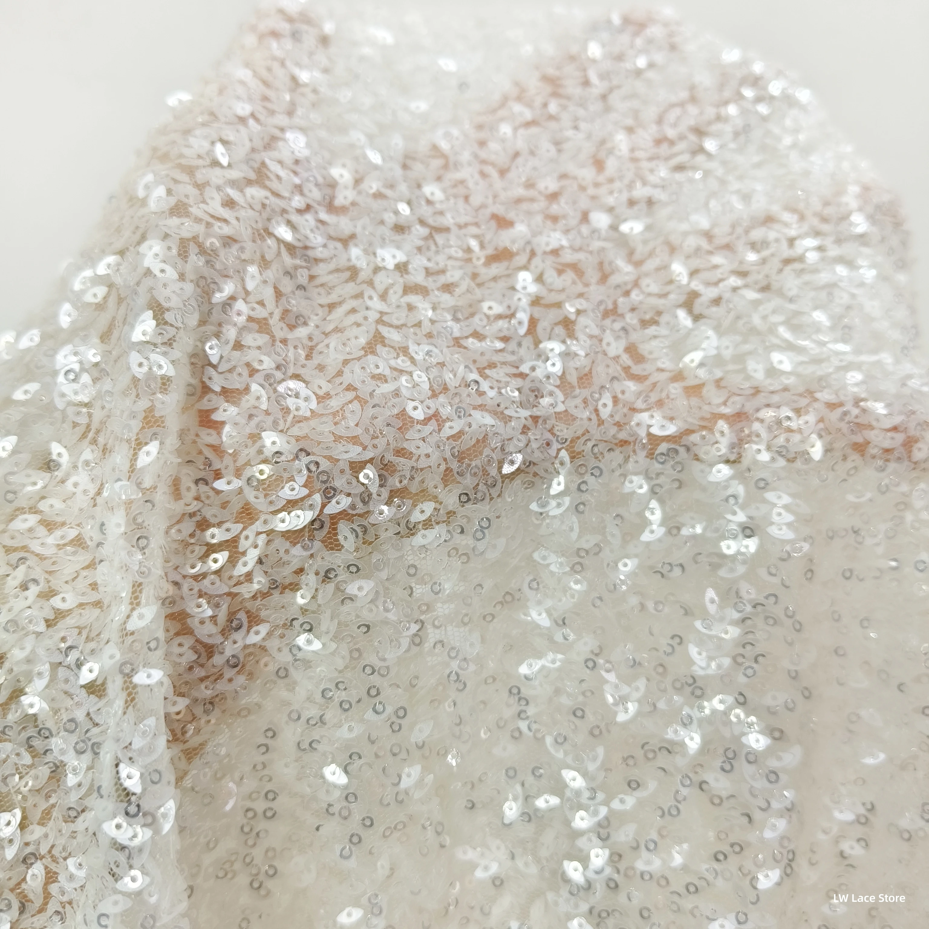 

Off White Sequins Fabric Lady Dress Sewing Material Tulle Gauze Sequined Lace Luxury 130CM Wide 2025 NEW Design Shiny