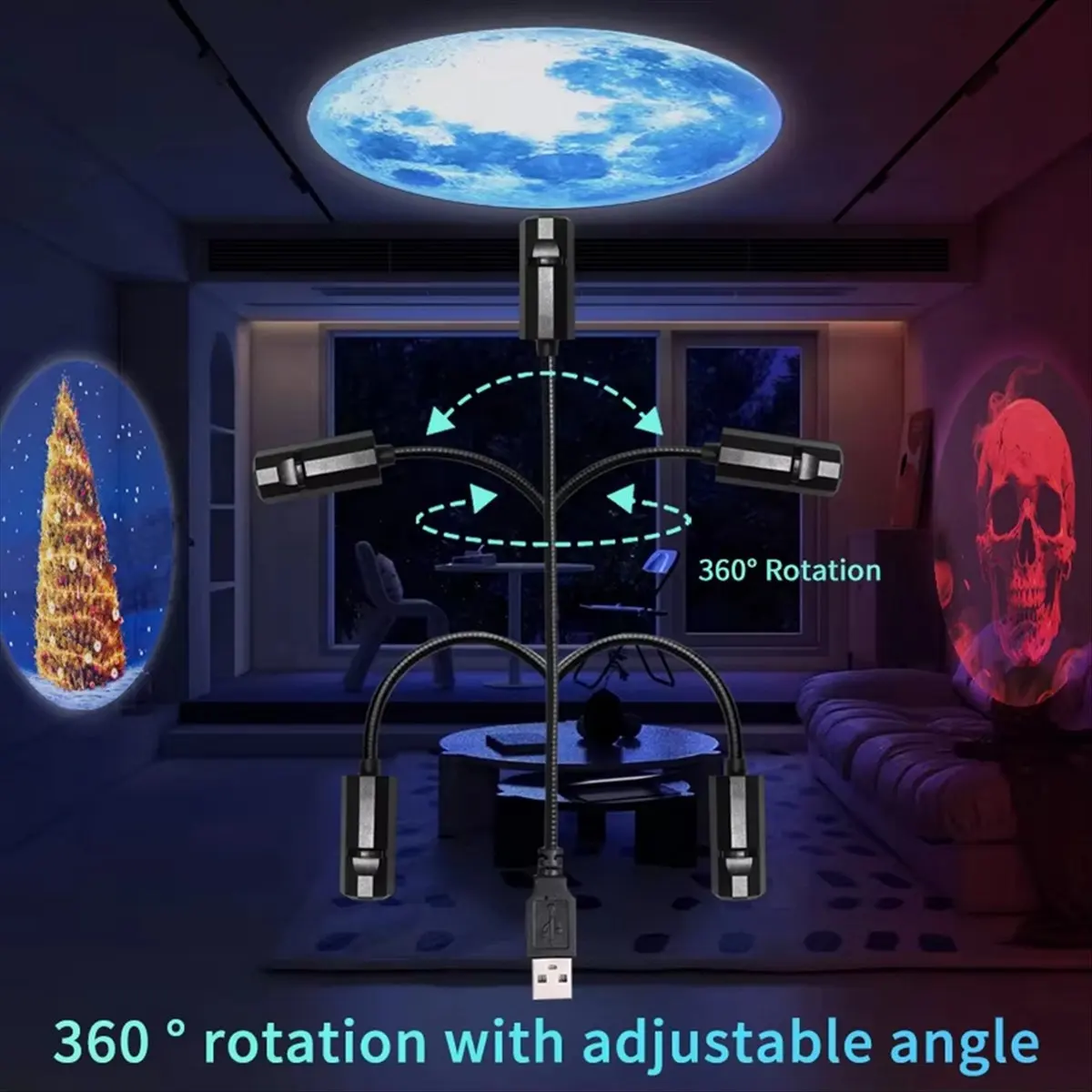 Carefree- Halloween USB Projector Light Skull NightLight Ghost LED Lamp 360 Rotating Switchable Pattern Atmosphere Mood Light B