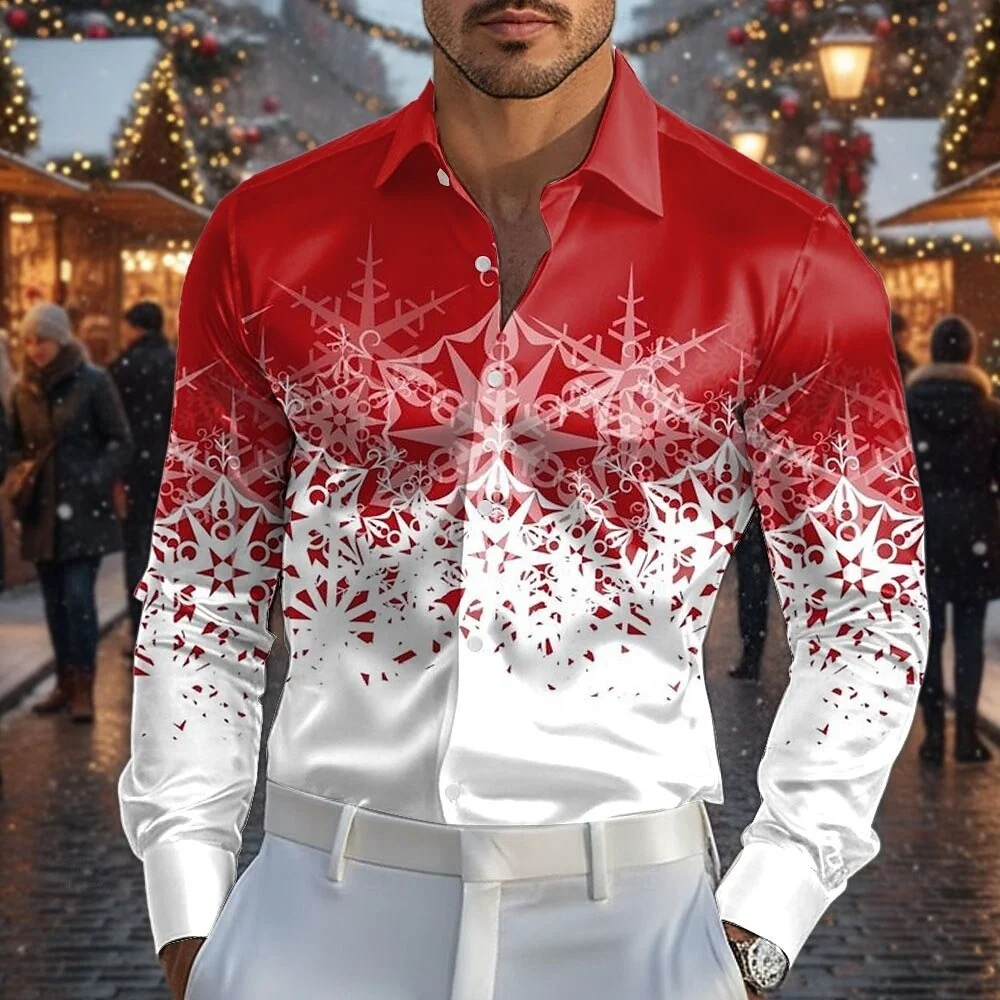 

Men's 3D Printed Christmas Snowflake Pattern Long Sleeve Lapel Button up Shirt High-Quality Christmas Party Clothing