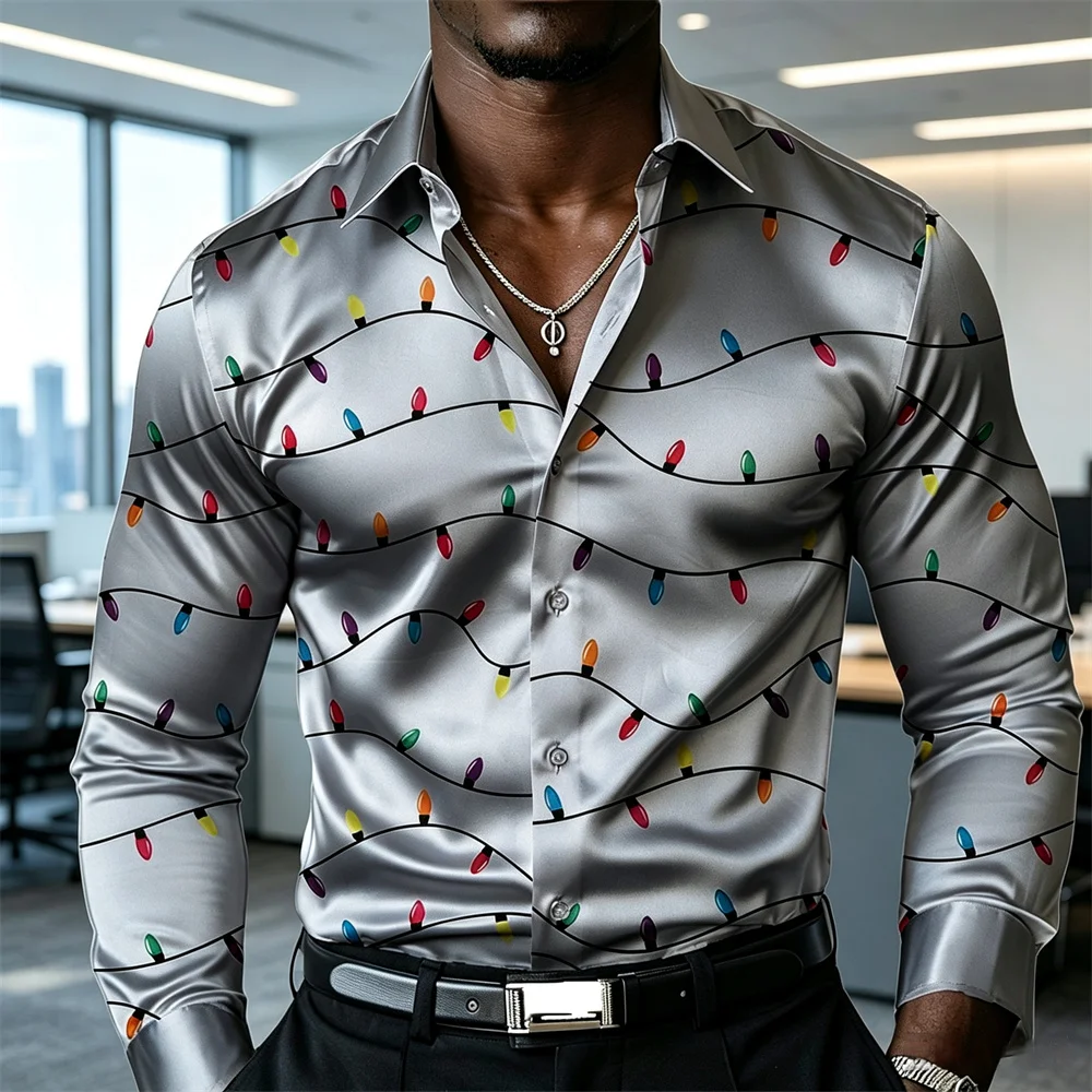 Christmas men's lantern shirt satin shirt button up shirt long sleeved casual party evening dress daily wear all seasons availa