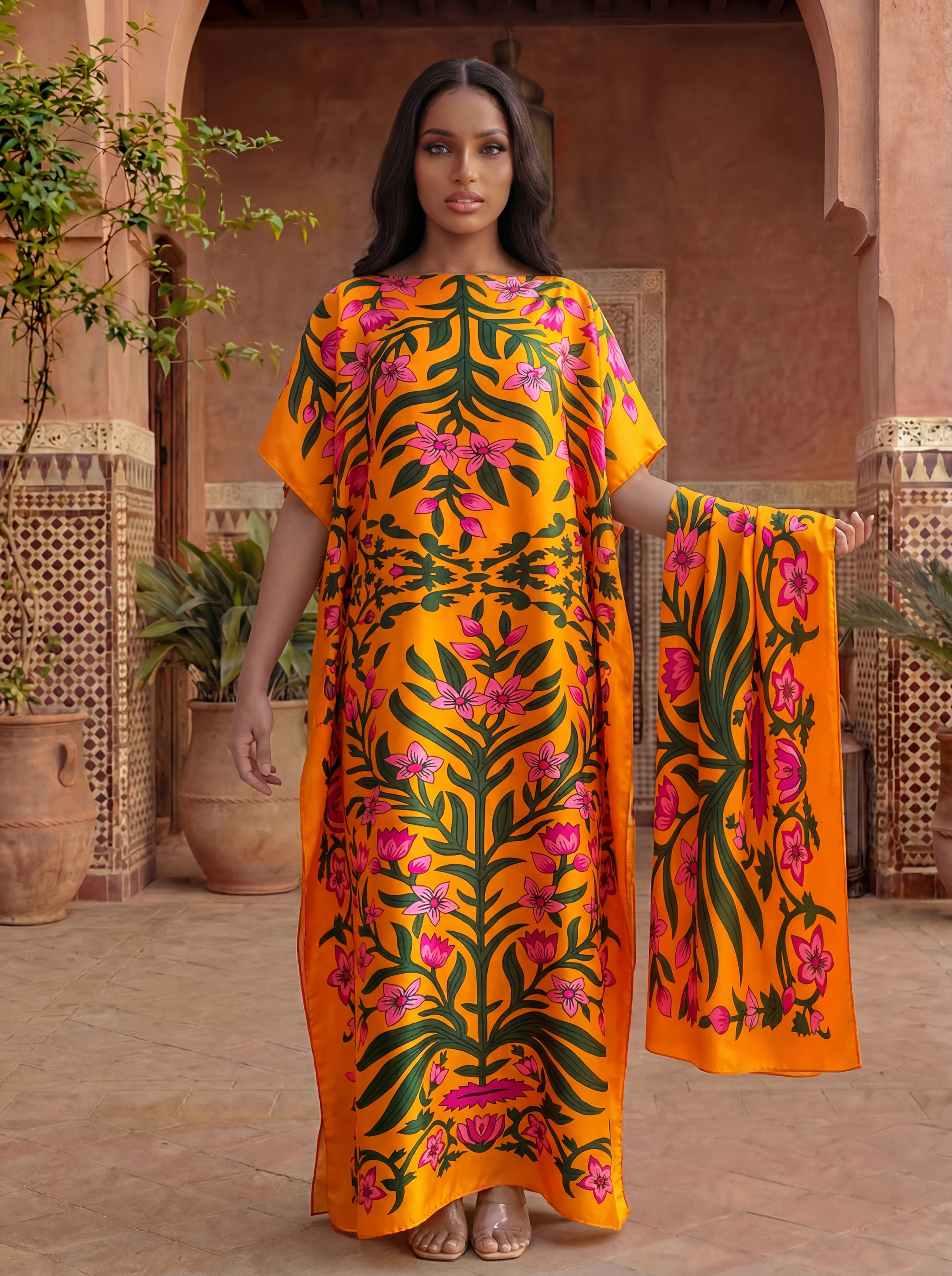 Vertical Floral Print Satin Abaya Scarf Set, Loose Batwing Maxi Kaftan For Muslim Women Summer Beach Holiday Wear