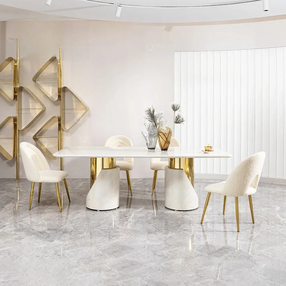 A  Marble dining table large flat-floor villa high-end home high-end sense 2.2m rectangular gold dining table and chair