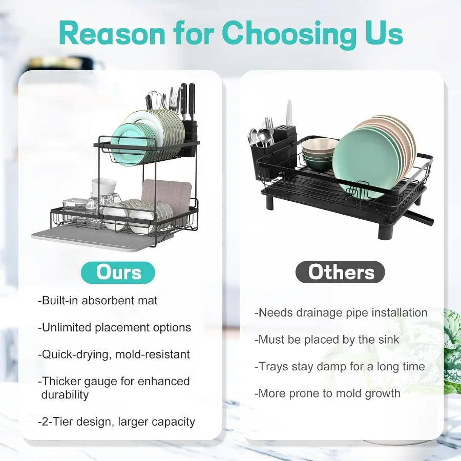 Dish Drying Rack with Stone Drying Mat, 2 Tier/Quick-Drying/Stainless/Super Sturdy/Space-Saving, Dish Strainers for Kitchen Coun