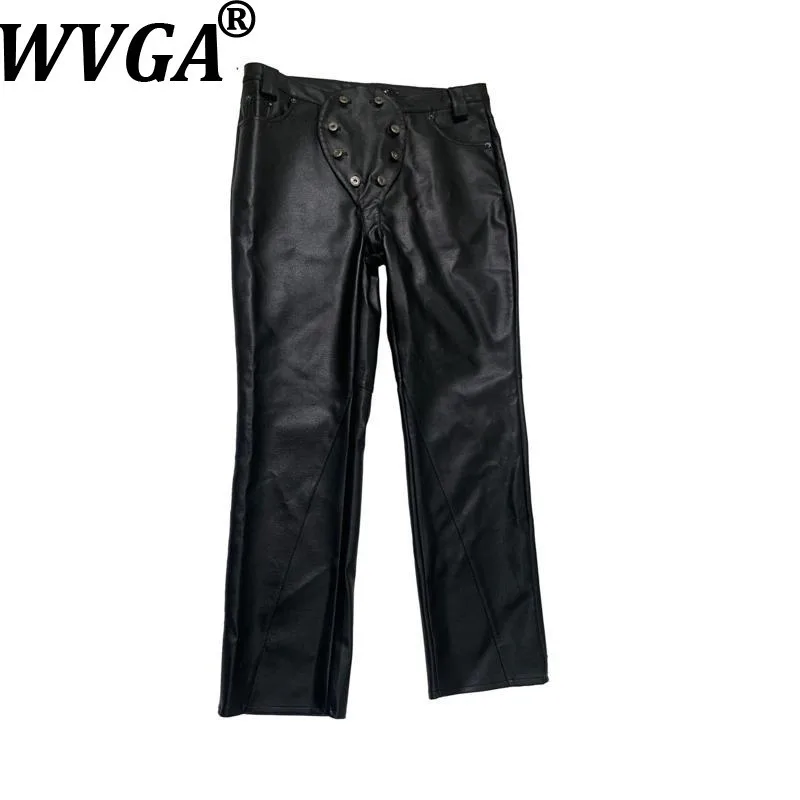 

WVGA Autumn Winter New Men Tide Niche Slim Fit Waterproof Straight PU Leather Pants Niche Chic Casual Streetwear Ins Y2K W15424