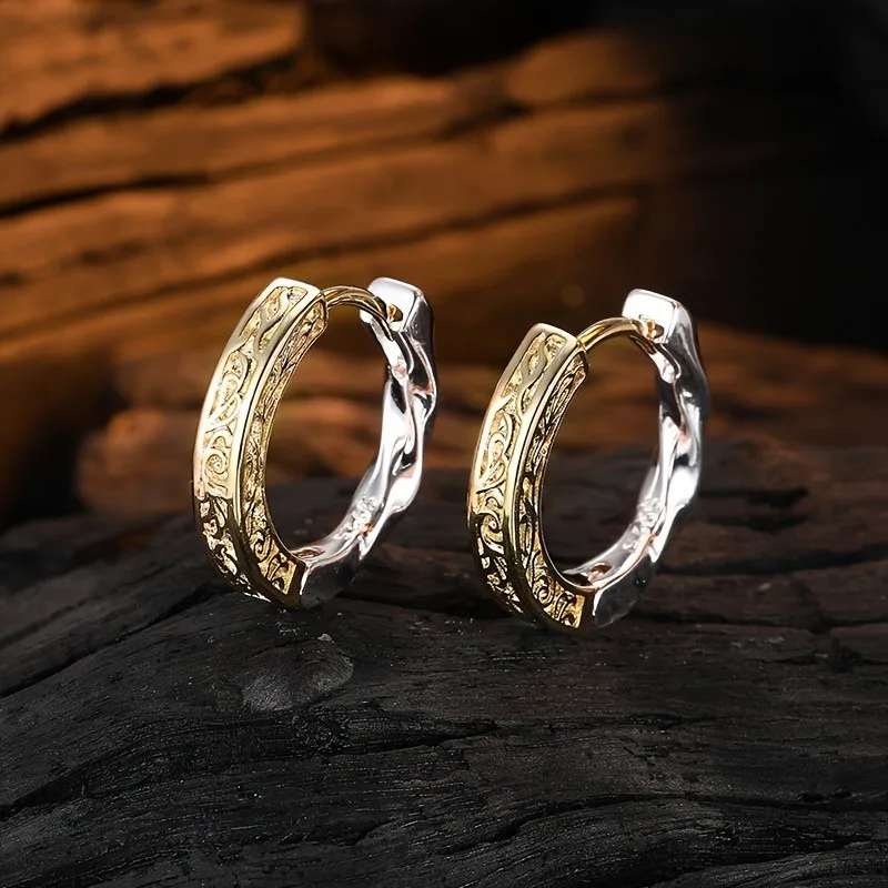 Silver Color and Golden Clashing Colors Texture Hoop Earrings for Women Men Vintage Niche Design Ear Buckle Huggies Jewelry