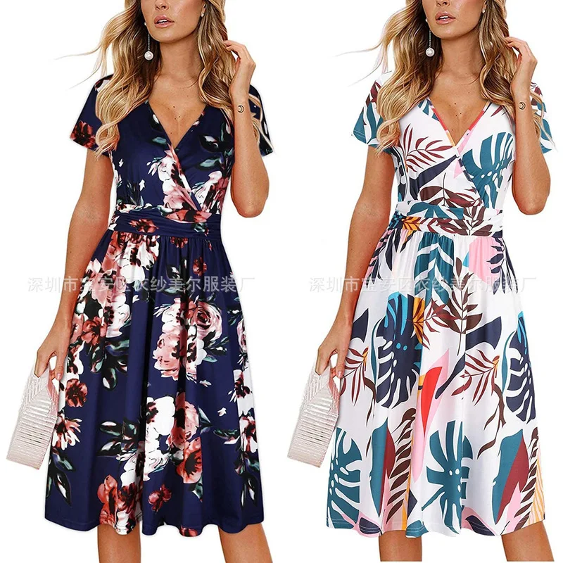 

2025 Women's Midi Skirt V Neck Short Sleeve Plant Print Fashion High Waist Party Vacation Beach Dress