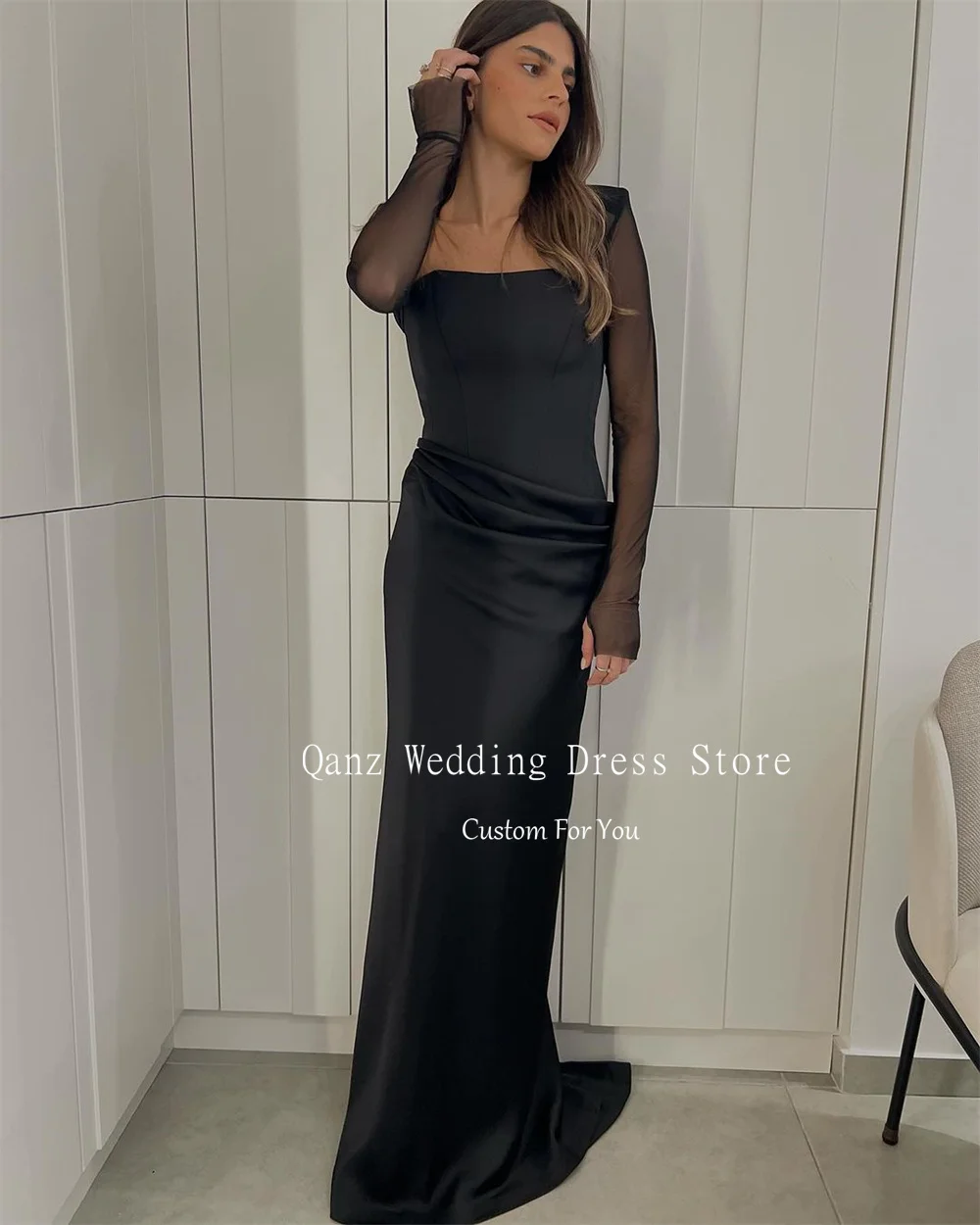 Qanz Black Simple Evening Dresses Long Sleeves Mermaid Satin Vestidos De Fiesta Strapless Customized Dress for Special Occasions