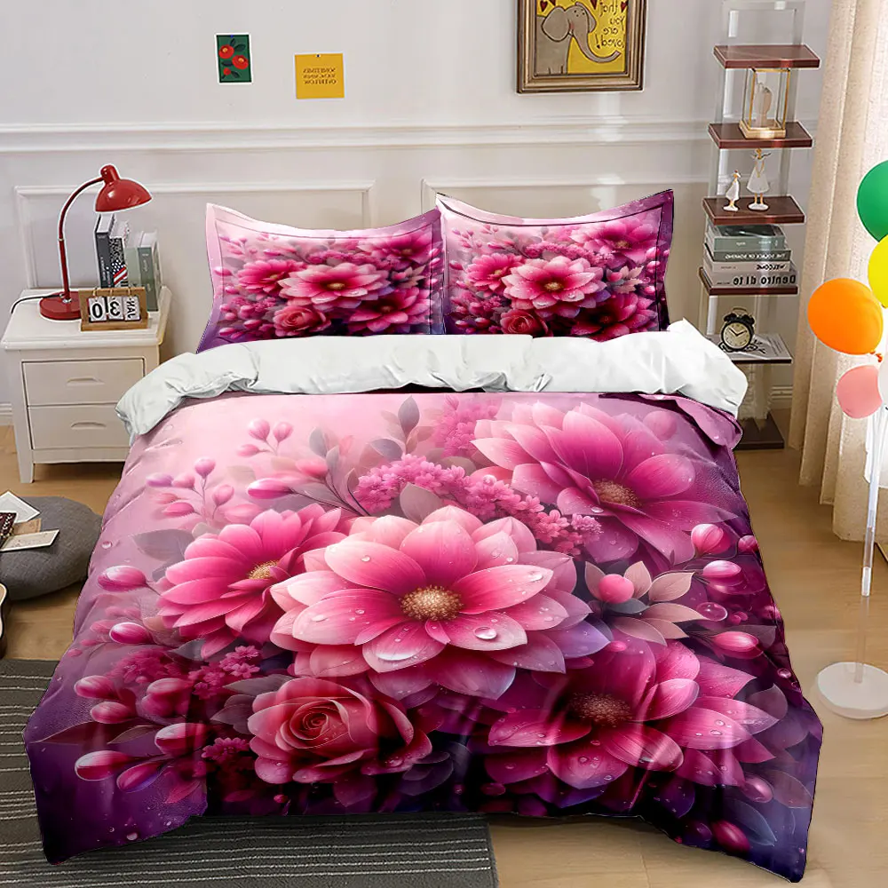

Pink flowers with dewdrops Duvet Cover Set with 3D Printing Design Soft Polyester Bedding Set All-Season Comfort for gifts