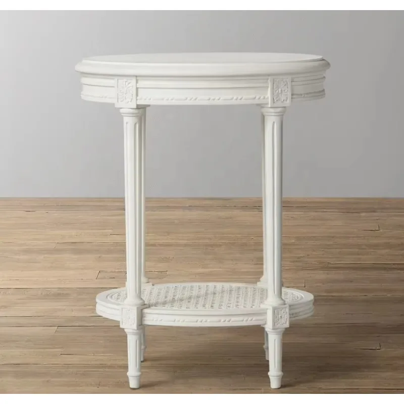 French Style Solid Wood White Bedside Tables Bedroom Furniture Rattan Oval Nightstand